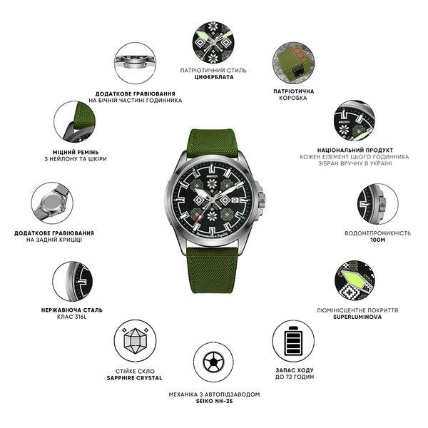 Мужские механические часы Awarder 040 Embroidery Silver-Green Black Automatic с сапфировым стеклом 10ATM 1202-0004 фото