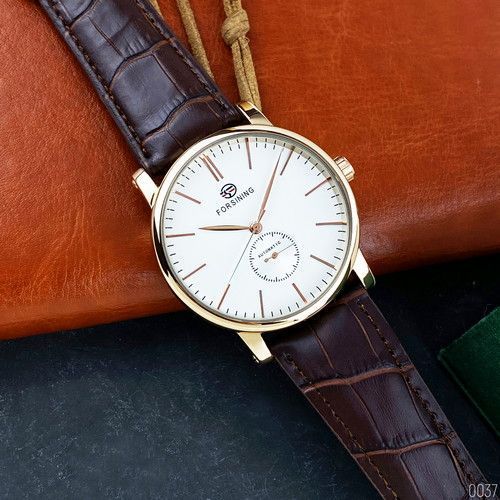 Мужские механические часы Forsining 8214 Gold-White-Brown с автоподзаводом и кожаным ремешком 1059-0037 фото