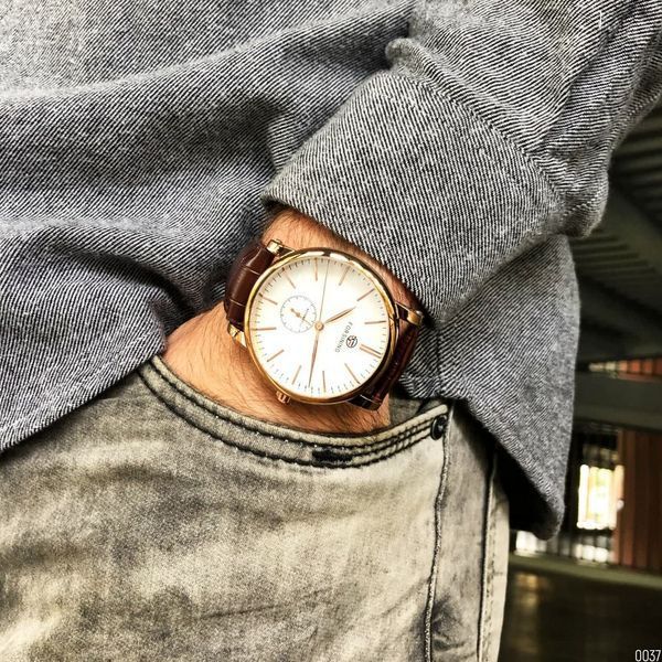 Мужские механические часы Forsining 8214 Gold-White-Brown с автоподзаводом и кожаным ремешком 1059-0037 фото
