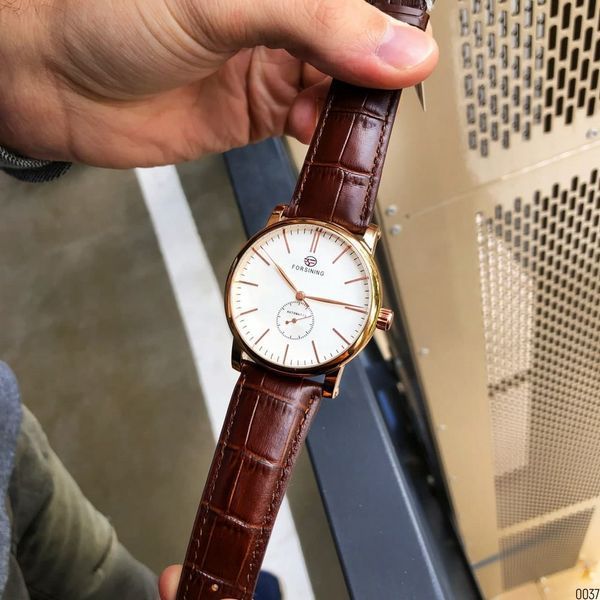Мужские механические часы Forsining 8214 Gold-White-Brown с автоподзаводом и кожаным ремешком 1059-0037 фото