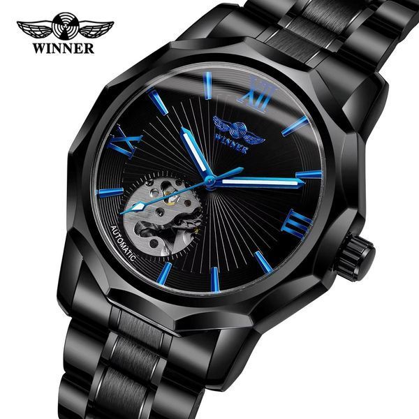 Чоловічий механічний годинник Winner 8116 Black Steel з автопідзаводом та браслетом 1099-0091 фото