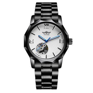 Мужские механические часы Winner 8116 Black-White Steel с автоподзаводом и стальным браслетом 1099-0092 фото