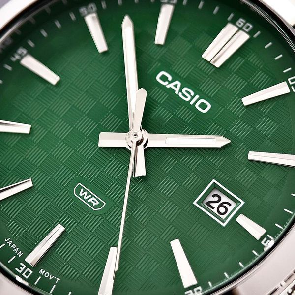 Мужские часы Casio MTP-VD03D-3A1 с зеленым циферблатом и стальным браслетом 1141-0403 фото