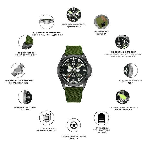 Мужские часы Awarder 041 Embroidery Black-Green с сапфировым стеклом и водозащитой 10ATM 1202-0021 фото