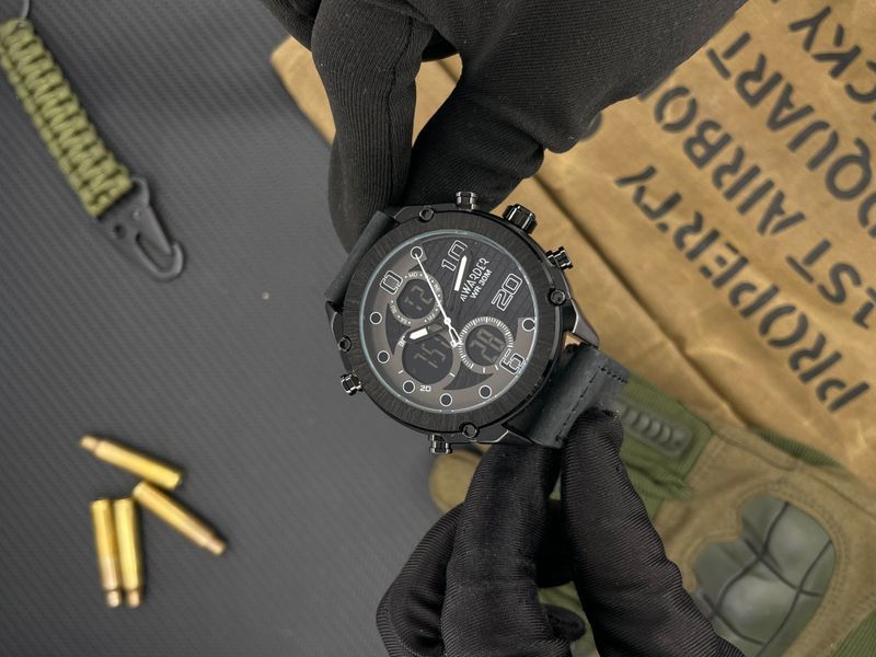 Чоловічий наручний годинник Awarder 017 Black Leather зі стрілково-електронним циферблатом та підсвічуванням 1202-0112 фото