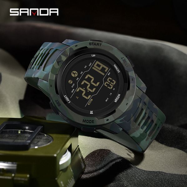 Чоловічий тактичний годинник Sanda 2186 Camo Green-Black з електронним циферблатом та водонепроникністю 5 ATM 1044-0180 фото