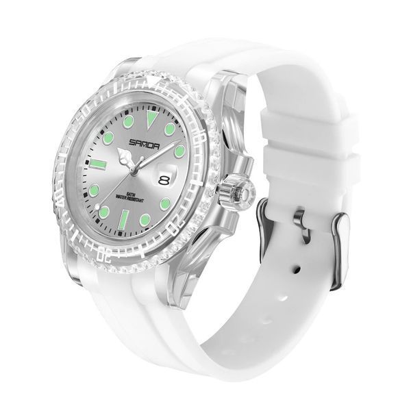 Жіночий наручний годинник Sanda 9007 White у прозорому корпусі з каучуковим ремінцем 1044-0099 фото