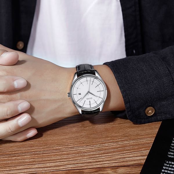 Мужские классические часы Skmei 9298SISIBK Silver-Black с кожаным ремешком и минеральным стеклом 1080-1575 фото