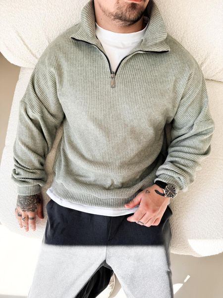 Мужской свитер Old Money Half-Zip &mdash; мятный, оверсайз S Zip фото