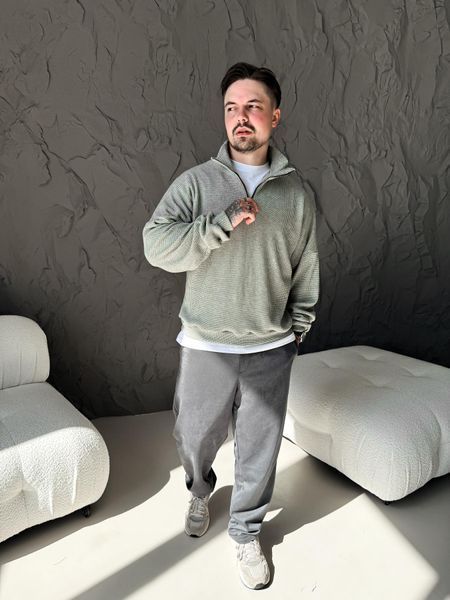 Мужской свитер Old Money Half-Zip &mdash; мятный, оверсайз S Zip фото