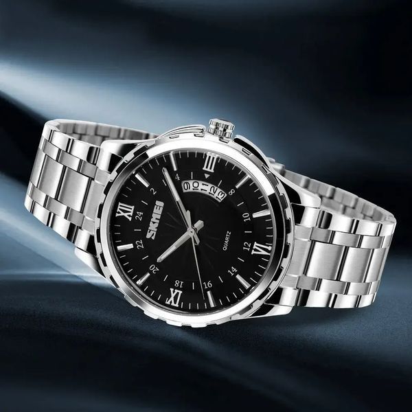 Мужские классические часы Skmei 9069SIBK Silver-Black с серебристым браслетом и черным циферблатом 1080-1594 фото