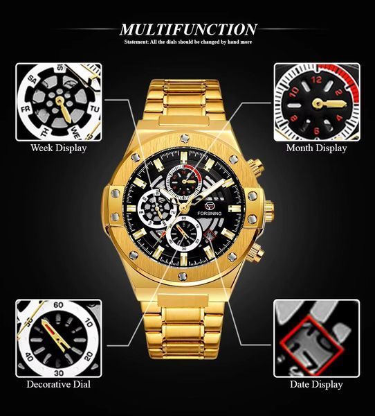 Мужские механические часы Forsining 6914 Gold-Black Steel с автоподзаводом и фазами луны 1059-0324 фото