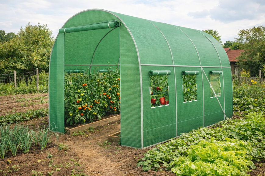 Садова теплиця 7 м&sup2; (3,5 &times; 2 &times; 2 м) з вікнами, армована плівка UV-4, Зелена (Польща) 1481 фото