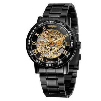 Механические часы Winner 8012 Diamonds Automatic Black-Gold с автоподзаводом и стальным браслетом 1099-0031 фото