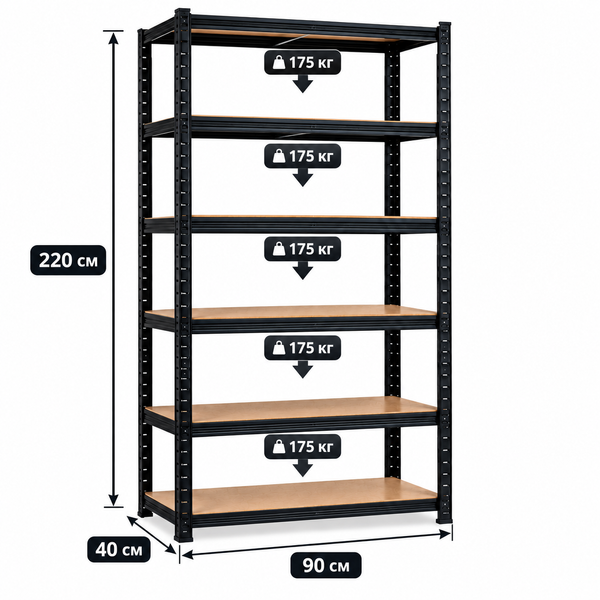 Стеллаж металлический&nbsp;PRIMA HOME 6 полок (220 &times; 90 &times; 40 см) для дома гаража склад магазина, Черный G1451 фото